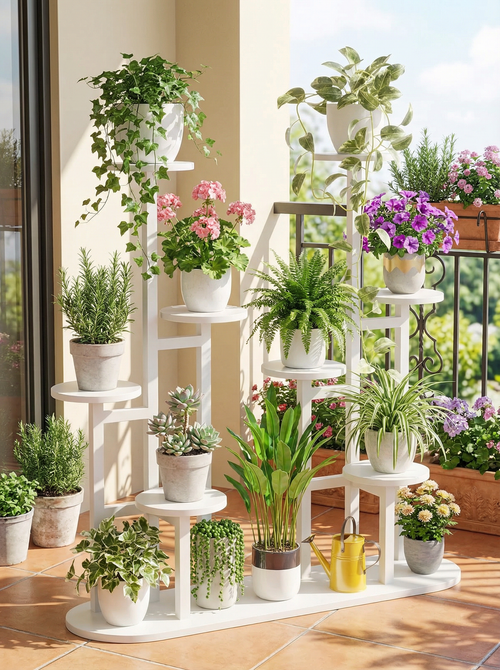 8-Tier Metal & Wood Plant Stand, Multi-Level Indoor Outdoor Flower Shelf, Tall Corner Planter Rack